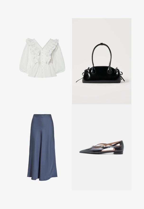 Witte blouse met een diepe V-hals, pofmouwen en geribbelde voorkant. Gemaakt van katoen met knoopsluiting en gestructureerde accenten.; Satin A-lijn rok in diepblauw. Gladde textuur, langs de vloer, met een aangesloten taille en uitlopende zoom. Geen zichtbare patronen of hardware.; Zwarte leren platte schoenen met een puntige neus, open zijkanten en een klein enkelbandje met een zilveren gespaccent.; Kleine zwarte glanzende handtas met twee lange hengsels en zijkant trekkoord details op een effen lichte achtergrond.