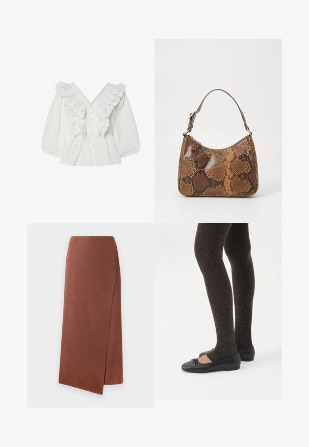 Weiße Bluse mit tiefem V-Ausschnitt, Puffärmeln und Rüschendetails auf der Vorderseite. Aus Baumwolle mit Knopfverschluss und strukturierten Akzenten.; Brauner, langer Wickelrock aus glattem Stoff mit gerader Silhouette. Verfügt über einen seitlichen Schlitz für optimale Bewegungsfreiheit. Schlichtes Design ohne Muster.; Beine in dunklen, gerippten Leggings kombiniert mit schwarzen Ballerinas mit kleinen Schleifendetails auf weißem Hintergrund.; Kleine Handtasche mit braunem und schwarzem Schlangenledermuster, kurzem verstellbarem Tragegurt und Reißverschluss.