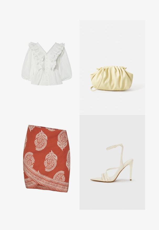 Chemisier blanc avec un décolleté en V profond, des manches bouffantes et des détails volantés à l'avant. Fabriqué en coton avec une fermeture à boutons et des accents texturés.; Jupe couleur rouille avec des motifs en paisley et floraux blancs. Présente un ourlet diagonal et un design de bord intricate le long du bas.; Sandales à talons hauts beiges avec un bout pointu, comportant trois brides à l'avant et une fine bride à la cheville avec une boucle. Texture lisse, design minimaliste.; Sac à main plissé jaune en simili cuir lisse, arborant une forme douce avec une bandoulière unique et un design froncé sur le dessus.