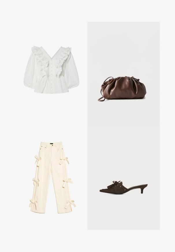 Weiße Bluse mit tiefem V-Ausschnitt, Puffärmeln und Rüschendetails auf der Vorderseite. Aus Baumwolle mit Knopfverschluss und strukturierten Akzenten.; Cremfarbene weite Hose mit hohem Bund, fünf Taschen, Metallknopf und Stoffschleifen, die entlang beider Hosenbeine gebunden sind.; Brauner Wildleder-Mule mit spitzer Spitze, niedrigem Kitten-Heel, Schnürung mit Schleife und Quasten-Details vor weißem Hintergrund.; Weiche braune Lederbeuteltasche mit gerafftem oberen Teil und schmalem Riemen, auf weißem Hintergrund liegend.