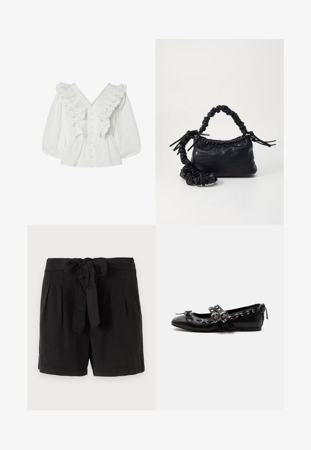 Weiße Bluse mit tiefem V-Ausschnitt, Puffärmeln und Rüschendetails auf der Vorderseite. Aus Baumwolle mit Knopfverschluss und strukturierten Akzenten.; Schwarze Baumwollshorts mit einem Bindegürtel in der Taille, Falten an der Vorderseite und Seitentaschen. Glatte Textur und lässiges Design.; Schwarzer flacher Ballettschuh mit doppelten Schnallenriemen, silbernen Ösen und einer kleinen Schleife nahe der abgerundeten Spitze auf weißem Hintergrund.; Schwarze Handtasche aus Kunstleder mit Krokodilstruktur, gerafftem oberen Teil und einem geschoppten Tragegurt. Sie wirkt weich und kompakt im Design.