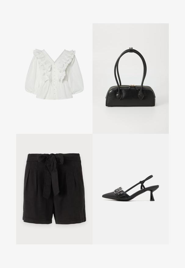 Blusa blanca con un escote en V profundo, mangas abullonadas y detalles de volantes en la parte delantera. Hecha de algodón, con cierre de botones y acentos texturizados.; Pantalones cortos de algodón negros con un cinturón de lazo en la cintura, pliegues en la parte delantera y bolsillos laterales. Textura suave y diseño casual.; Simmi London DALA - Tacones - black; Bolso de mano de cuero negro con dos asas alargadas, cierre de cremallera y forma redondeada; textura suave con un acabado ligeramente brillante.