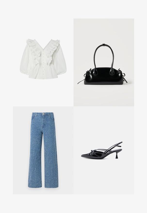 Witte blouse met een diepe V-hals, pofmouwen en geribbelde voorkant. Gemaakt van katoen met knoopsluiting en gestructureerde accenten.; Blauwe denim wijde pijpen jeans met een gespikkelde textuur, voorzien van een voorste knoopsluiting, ceintuurlussen en twee voorzakken.; Zwarte slingback pump van lakleer met een spits toelopende neus, lage kittenhak en decoratieve knoopstrik aan de voorkant.; Kleine zwarte glanzende handtas met twee lange hengsels en zijkant trekkoord details op een effen lichte achtergrond.