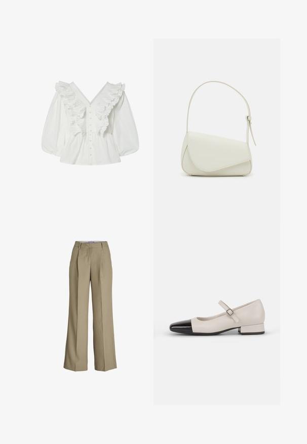 Blusa blanca con un escote en V profundo, mangas abullonadas y detalles de volantes en la parte delantera. Hecha de algodón, con cierre de botones y acentos texturizados.; Pantalones de pierna ancha beige con una cintura alta, pliegues frontales y una textura de tela suave. Diseño clásico con un acabado a medida.; Zapato estilo Mary Jane en cuero crema con puntera de charol negro. Presenta una punta redonda, tirante en el tobillo con una hebilla cuadrada y un tacón bajo y cuadrado.; Bolso de mano de imitación cuero blanco con una forma triangular estructurada, correa ajustable única y cierre con solapa acentuada en curva.