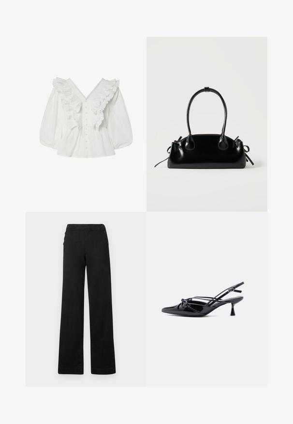 Weiße Bluse mit tiefem V-Ausschnitt, Puffärmeln und Rüschendetails auf der Vorderseite. Aus Baumwolle mit Knopfverschluss und strukturierten Akzenten.; Schwarze weite Hose mit hohem Bund, Knopfdetails an den Seiten und einer glatten Denim-Oberfläche mit einem sauberen Finish.; Schwarzer Slingback-Pumps aus Lackleder mit spitzer Zehenpartie, niedrigem Kitten-Heel und dekorativer, geknoteter Schleife vorne.; Kleine schwarze glänzende Handtasche mit zwei langen Griffen und seitlichen Kordelzug-Details vor einfachem hellem Hintergrund.
