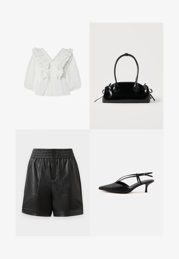 Blusa blanca con un escote en V profundo, mangas abullonadas y detalles de volantes en la parte delantera. Hecha de algodón, con cierre de botones y acentos texturizados.; Pantalones cortos de imitación cuero negro con cinturilla elástica, botón a presión en la parte delantera, grandes bolsillos de parche en la parte delantera y dobladillo recto.; Zapato de piel negra con puntera puntiaguda y tacón kitten, con tira fina en el tobillo y hebilla, diseño slingback, sobre un fondo liso y claro.; Pequeño bolso negro brillante con dos asas largas y detalles de cordón lateral sobre un fondo claro liso.
