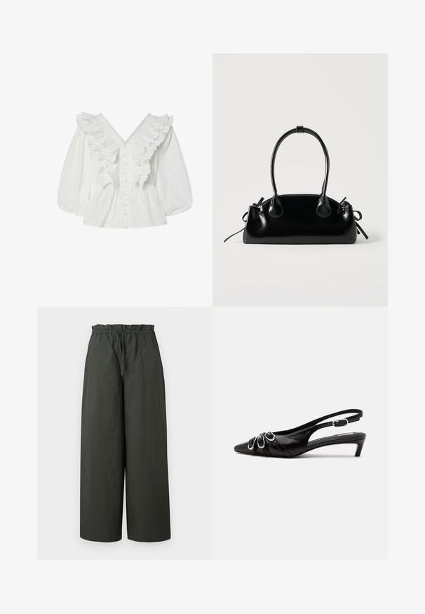 Blusa blanca con un escote en V profundo, mangas abullonadas y detalles de volantes en la parte delantera. Hecha de algodón, con cierre de botones y acentos texturizados.; Pantalones de pierna ancha en tejido verde oscuro, con una cintura elástica y una textura suave, sin herrajes visibles ni patrones.; Zapato slingback de cuero negro con punta puntiaguda, tres hebillas plateadas en la parte delantera y tacón bajo tipo «kitten» sobre fondo blanco.; Pequeño bolso negro brillante con dos asas largas y detalles de cordón lateral sobre un fondo claro liso.