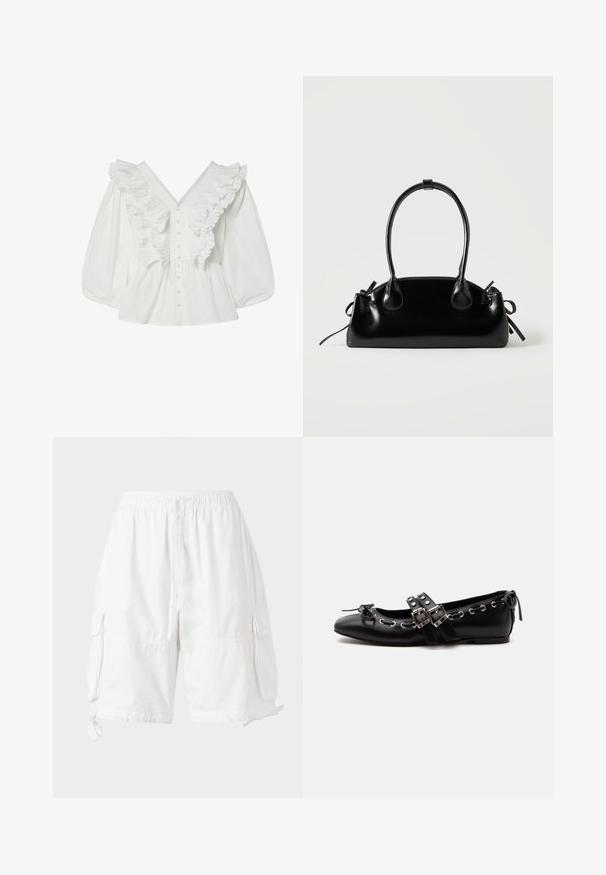 Witte blouse met een diepe V-hals, pofmouwen en geribbelde voorkant. Gemaakt van katoen met knoopsluiting en gestructureerde accenten.; Witte cargoshorts met een elastische tailleband en trekkoord, voorzien van twee zijzakken en verstelbare hemkoordjes. Gemaakt van lichtgewicht stof.; Zwarte platte balletschoen met dubbele gespsluitingen, zilveren oogjes en een klein strikje nabij de afgeronde neus op een witte achtergrond.; Kleine zwarte glanzende handtas met twee lange hengsels en zijkant trekkoord details op een effen lichte achtergrond.