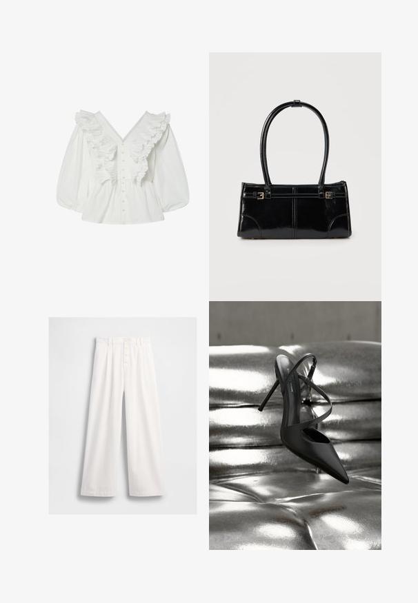 Chemisier blanc avec un décolleté en V profond, des manches bouffantes et des détails volantés à l'avant. Fabriqué en coton avec une fermeture à boutons et des accents texturés.; Pantalons larges blancs en tissu lisse, avec une taille haute, une fermeture frontale à boutons visibles et des coutures soignées le long des ourlets.; Escarpin noir à bout pointu et talon stiletto avec brides croisées reposant sur une surface en cuir argenté capitonné et brillant.; Sac à main rectangulaire noir brillant avec deux fines bretelles et petits détails de boucles dorées à l'avant.
