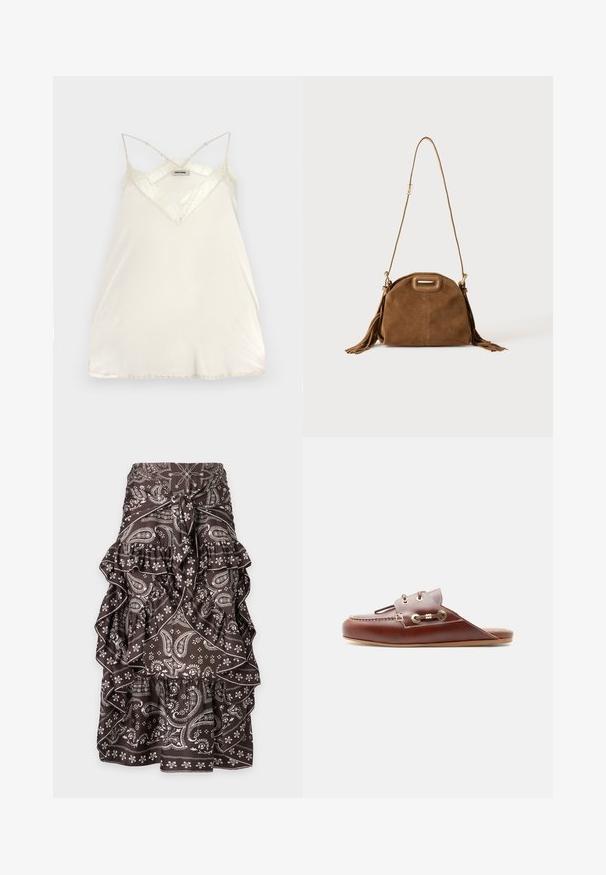 Débardeur en crème clair avec bretelles spaghetti ajustables, design en V avec des accents en dentelle au niveau du col et de l'ourlet pour un détail supplémentaire.; Jupe marron avec motifs paisley et floraux blancs, volants superposés et nœud à l'avant à la taille.; Mocassin à enfiler en cuir marron avec couture moc toe, œillets dorés et détail de lacet décoratif sur le côté, semelle plate, profil latéral.; Sac à épaule en daim marron avec une longue bandoulière, une découpe rectangulaire de la poignée et des détails à pompons sur les côtés sur fond blanc.
