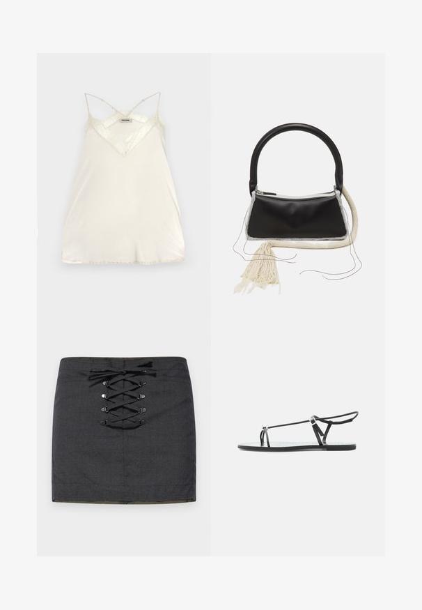 Débardeur en crème clair avec bretelles spaghetti ajustables, design en V avec des accents en dentelle au niveau du col et de l'ourlet pour un détail supplémentaire.; Mini-jupe gris foncé avec un détail de laçage à l'avant et des accessoires métalliques. Texture lisse, silhouette ajustée et taille mi-haute.; Sandale plate noire avec fines lanières, une boucle pour les orteils et une boucle de cheville ajustable sur un fond gris clair.; Sac en cuir noir avec une poignée arrondie, fermeture éclair en argent, bordure en fourrure blanche et un long gland crème attaché à l'avant.