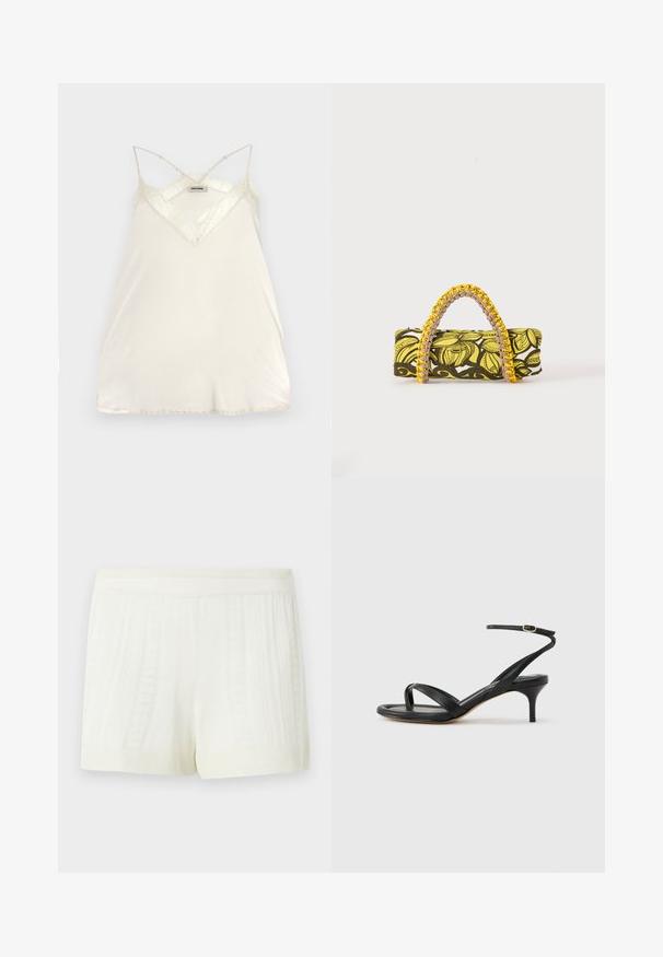 Débardeur en crème clair avec bretelles spaghetti ajustables, design en V avec des accents en dentelle au niveau du col et de l'ourlet pour un détail supplémentaire.; Shorts tricotés de couleur crème avec des motifs texturés verticaux et une large ceinture élastique sur un fond uni.; Sandale pour femme en cuir noir avec fines lanières, une boucle d'orteil, une boucle à la cheville et un talon aiguille de hauteur moyenne sur un fond neutre.; Sac rectangulaire avec motif floral jaune et noir et anse tressée jaune et rose sur fond blanc.