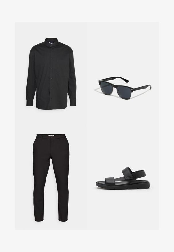 Sort langærmet skjorte lavet af glat stof, med en knaplukket krave, frontlomme og diskret branding på brystet.; Sorte skræddersyede bukser med slim fit. Har lynlås, knaplukning, sidelommer og et glat, let stof.; Sorte lædersandaler med to brede stropper, en justerbar ankelrem og en kraftig sort gummisål med markante riller.; Sorte solbriller med rektangulær form, mørke linser, sølvdetaljer ved tindingerne og en mat finish på stellet.