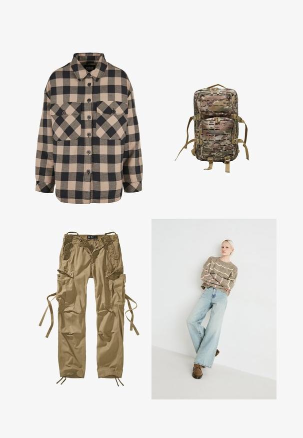 Geruite flanellen shirt in beige en donkergrijs. Heeft een knoopsluiting aan de voorkant, twee borstzakken en een omgeslagen kraag. Losse pasvorm.; Kaki cargobroek van katoen met meerdere zijzakken, trekkoorden bij de enkels en knoopaccenten. Strakke lijnen en stevige stof.; Beige gebreide trui met golvende roze en crèmekleurige strepen, gecombineerd met lichtblauwe wijde jeans en bruine veterschoenen.; Camouflage rugzak gemaakt van duurzaam fabric, met meerdere zakken, verstelbare schouderbanden en een gewatteerde achterkant voor comfort.