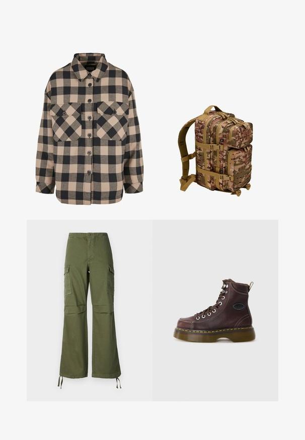 Beige und dunkelgrau karierte Flanellhemd. Verfügt über eine durchgehende Knopfleiste, zwei Brusttaschen und einen umklappbaren Kragen. Locker sitzendes Design.; Olivegrüne Cargo-Hose aus Baumwolle mit weitem Bein, zwei Seitentaschen und verstellbaren Bändern am Saum.; Braune Leder-Ankle-Boots mit strukturierten Oberflächen, silbernen Ösen und gelben Nähten. Verfügt über eine robuste, transparente Sohle und eine Zuglasche.; Tarnrucksack mit strukturiertem Stoff, mehreren Reißverschlussfächern, beigen Trägern und Metallakzenten. Verstellbare, gepolsterte Schultergurte.