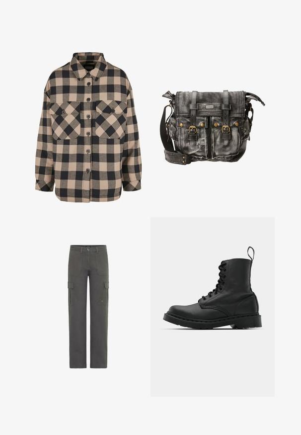 Chemise en flanelle à carreaux beige et gris foncé. Avec un devant boutonné, deux poches poitrine et un col rabattu. Design ample.; Pantalons cargo en coton gris foncé avec une coupe droite. Dotés de deux poches latérales et d'une fermeture à bouton. Tissu durable avec une légère texture.; Botte de combat en cuir noir avec un bout rond, un laçage à l'avant et une sangle au niveau de la cheville. Dispose d'une semelle en caoutchouc épaisse pour une durabilité optimale.; Sac messenger en toile noire avec des accents en cuir, présentant une forme structurée, des accessoires en métal, deux poches avant et une bandoulière réglable.