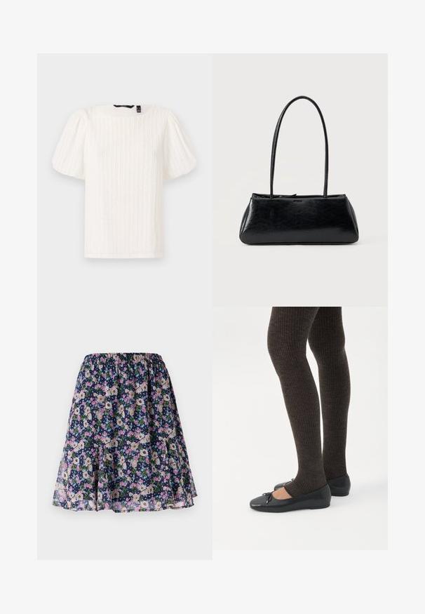 Hvid bluse med pufærmer, teksturerede lodrette striber, rund halsudskæring og blødt stof; har en afslappet pasform og en subtil glans.; Blomsterkjole med elastisk talje. Har en mørk navy baggrund med pink, hvide og grønne blomstermønstre. Let og svalende stof.; Ben iført mørke ribbede leggings kombineret med sorte balletsko med små sløjfedetaljer på hvid baggrund.; Sort rektangulær skuldertaske med lange tynde stropper og en glat, blank tekstur på en ensfarvet baggrund.