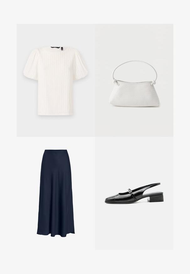 Witte top met pofmouwen, voorzien van getextureerde verticale strepen, ronde halslijn en zachte stof; heeft een relaxte pasvorm en een subtiele glanzende textuur.; Navyblauwe satijnen maxirok met een gladde textuur, hoge taille en vloeiende silhouet. Eindigt met een lichte curve aan de zoom.; Zwarte lakleren slingback schoen met een lage blokhak en een dunne band met zilveren gesp bovenop.; Witte handtas van gevlochten leer met een afgeronde handgreep en uiteinden van de band die geknoopt zijn, afgebeeld tegen een effen achtergrond.