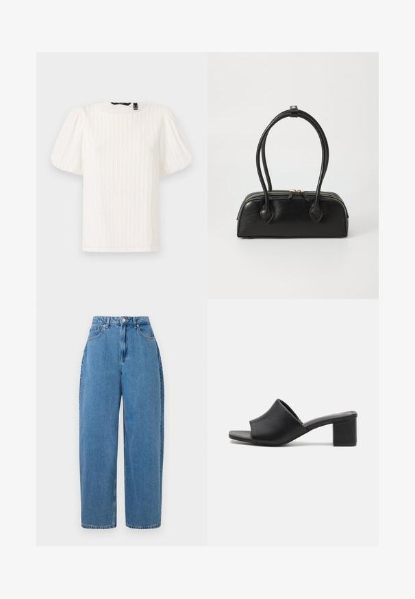 Top blanco de mangas abullonadas con rayas verticales texturizadas, escote redondo y tejido suave; presenta un corte relajado y un sutil brillo.; Pantalones de mezclilla de color azul claro con un ajuste de pierna recta, cintura alta y cierre frontal con botón. Cuenta con cinco bolsillos y detalles de costura mínimos.; Mulas de tacón cuadrado de cuero negro con punta abierta, que presentan una superficie lisa y una parte superior ligeramente curvada para mayor comodidad y estilo.; Bolso de mano de cuero negro con dos asas alargadas, cierre de cremallera y forma redondeada; textura suave con un acabado ligeramente brillante.