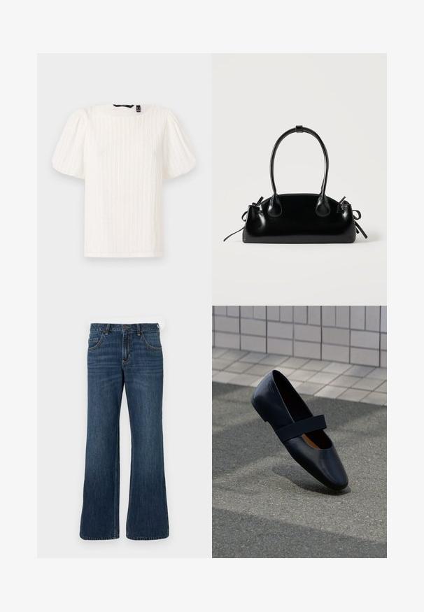 Witte top met pofmouwen, voorzien van getextureerde verticale strepen, ronde halslijn en zachte stof; heeft een relaxte pasvorm en een subtiele glanzende textuur.; Donkerblauwe wijde jeans met klassiek ontwerp met vijf zakken, voorzien van een knoopsluiting en subtiele vervaging. Gemaakt van denimstof.; Zwarte leren platte schoen met een ronde neus, voorzien van een zachte zwarte elastische band over de wreef. Gladde textuur en minimalistisch ontwerp.; Kleine zwarte glanzende handtas met twee lange hengsels en zijkant trekkoord details op een effen lichte achtergrond.