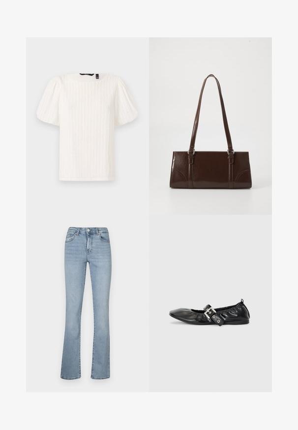 Top blanc à manches bouffantes avec des rayures verticales texturées, encolure ronde et tissu doux ; présente une coupe décontractée et une texture subtilement brillante.; Jeans en denim bleu clair évasés avec une taille haute, dotés d'une fermeture éclair et de boutons, de cinq poches et d'un léger décoloration le long des jambes.; Chaussure plate en cuir noir avec un nez pointu, des détails froncés autour de l'ouverture et un accent en boucle argentée sur la bride ajustable.; Sac à main en cuir verni marron de forme rectangulaire, avec deux longues poignées et des accents courbés subtils à l'avant.