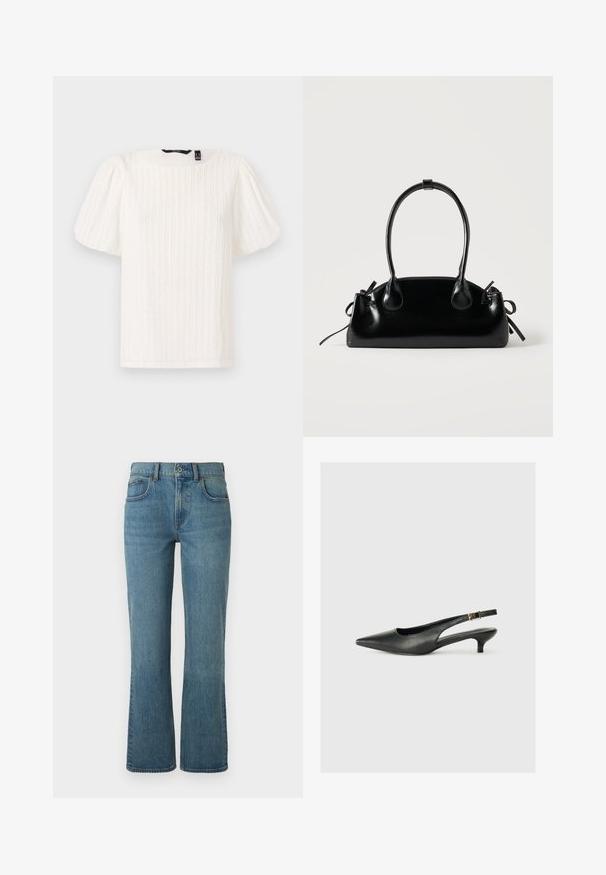 Hvid bluse med pufærmer, teksturerede lodrette striber, rund halsudskæring og blødt stof; har en afslappet pasform og en subtil glans.; Lysblå flagrende jeans lavet af denim, med fem lommer, en frontknaplukning og subtil fading for tekstur.; Sorte spidse slingback-sko lavet af glat læder. Har en tynd hæl og en spænde detalje på den justerbare rem.; Lille sort blank håndtaske med to lange håndtag og snøre-detaljer i siden på en ensfarvet lys baggrund.