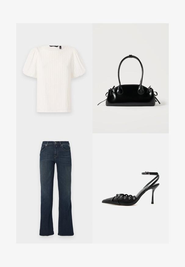 Top blanc à manches bouffantes avec des rayures verticales texturées, encolure ronde et tissu doux ; présente une coupe décontractée et une texture subtilement brillante.; Jean en denim bleu foncé avec un design à jambe évasée, comportant cinq poches et des détails de couture contrastants. Texture lisse et taille standard.; Chaussure à talon haut noire à bout pointu, bords festonnés, œillets métalliques, lacets à l'avant et bride de cheville avec fermeture à boucle.; Petit sac à main noir brillant avec deux longues anses et des détails à cordon sur les côtés sur un fond clair uni.