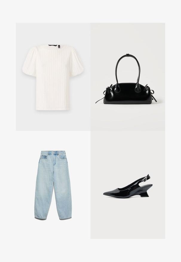 Hvid bluse med pufærmer, teksturerede lodrette striber, rund halsudskæring og blødt stof; har en afslappet pasform og en subtil glans.; Lyseblå denimjeans med en afslappet pasform, høj talje og vide ben, der har en let falmet overflade og klassisk fem-lomme design.; Sort laklæder slingback sko med spids tå og lav vinklet blokhæl på ensartet lys baggrund.; Lille sort blank håndtaske med to lange håndtag og snøre-detaljer i siden på en ensfarvet lys baggrund.