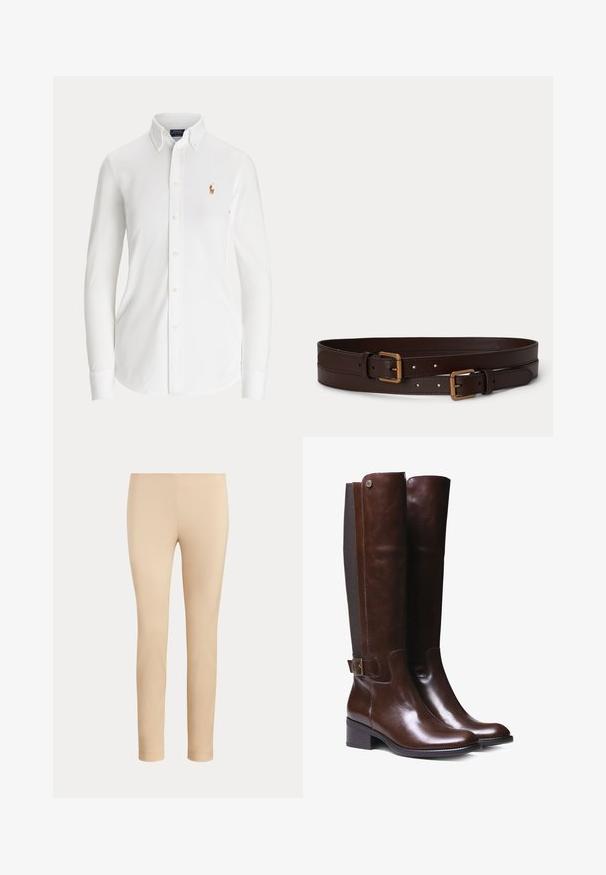 Witte blouse met lange mouwen, knopen, een button-down kraag en een klein geborduurd logo van een polo-speler op de borst.; Beige slim-fit enkellange broek met een gladde afwerking en zonder zichtbare zakken of versieringen op een effen achtergrond.; Bruine leren laarzen tot de knie met een gladde afwerking, contrasterend stofpaneel, enkelgesp detail en lage blokhak.; Twee donkerbruine leren riemen met goudkleurige rechthoekige gespen, naast elkaar gelegd op een effen lichte achtergrond.