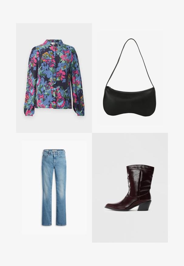 Blumenbluse in Blau, mit lebhaften Mustern in Pink, Grün und Gelb. Lange Ärmel und eine Knopfleiste mit Kragen. Weicher Stoff.; Hellblaue Jeans aus Denim mit geradem Bein, Knopfverschluss, fünf Taschen und ausgewaschenen Bereichen für einen abgetragenen Look. Sauber verarbeiteter Saum.; Bordeauxfarbene Leder-Stiefeletten mit spitzem Schnitt, strukturierten Oberflächen und einem schmalen, niedrigen Absatz. Verfügen über dezente Nähte und einen engen Sitz.; Schwarze Leder-Schultertasche mit geschwungener Form, Reißverschluss und einem einzigen dünnen Riemen; glatte Textur und dezentes, eingeprägtes Logo-Detail.