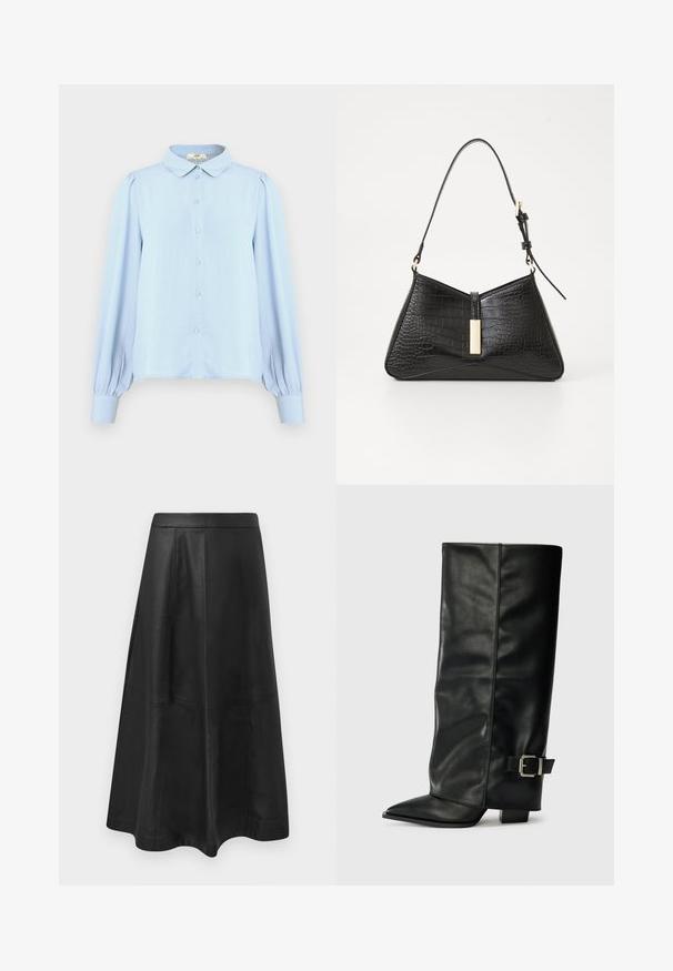 Lichtblauwe blouse met een kraag, knoopsluiting, lange pofmouwen en een gladde textuur. Voorzien van een rechte zoom en plooien bij de schouders.; Zwarte leren midi-rok met een uitlopende silhoutte, afgewerkt met stiksel details en een gladde textuur. Geen zichtbare hardware of accenten.; Zwarte leren enkellange laarzen met een spitse neus, een gladde textuur en een zilveren gesps Accent aan de zijkant. Stevige vierkante hak.; Zwarte handtas van faux krokodillenleer, met een driehoekige vorm, een slanke schouderband en een goudkleurige hardware-accent in het midden.