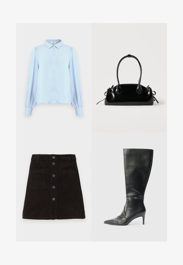 Hellblaue Bluse mit Kragen, Knopfverschluss, langen Puffärmeln und glatter Textur. Hat einen geraden Saum und Raffungen an den Schultern.; Brauner Cord-Rippen-A-Linie-Rock mit durchgehender Knopfleiste, zwei Vorderaschen und strukturierten vertikalen Streifen. Mit standardmäßigem Bund und Gürtelschlaufen.; Schwarze kniehohe Lederstiefel mit schlankem Absatz, spitz zulaufender Spitze und Riemendetails am Knöchel. Glatte Textur und eng anliegendes Design.; Kleine schwarze glänzende Handtasche mit zwei langen Griffen und seitlichen Kordelzug-Details vor einfachem hellem Hintergrund.