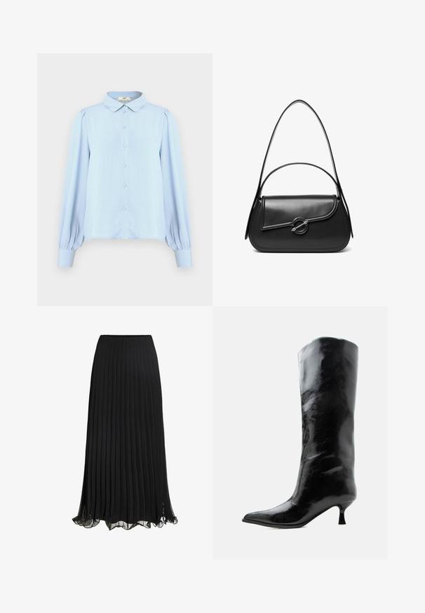 Lichtblauwe blouse met een kraag, knoopsluiting, lange pofmouwen en een gladde textuur. Voorzien van een rechte zoom en plooien bij de schouders.; Zwarte geplisseerde maxi rok van lichtgewicht stof met een vloeiende ontwerp. Voorzien van een gerimpelde zoom en een elastische tailleband voor comfort.; Zwarte glanzende kniehoge leren laars met puntige neus en lage gebogen hak op een effen lichte achtergrond.; Zwarte leren schoudertas met een gebogen klep die is bevestigd met een ronde metalen sluiting en een smalle, verstelbare band.