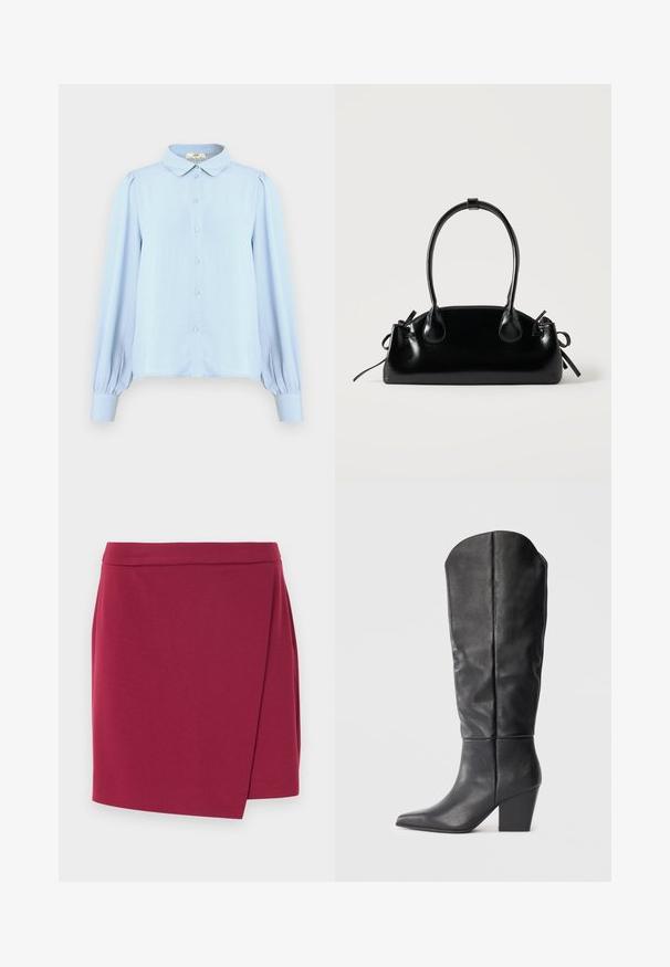 Blouse bleu clair avec un col, fermeture à boutons, manches longues bouffantes et texture lisse. Présente un ourlet droit et des fronces aux épaules.; Jupe portefeuille en bordeaux profond, confectionnée dans un tissu doux. Elle présente une ceinture lisse et un ourlet asymétrique pour une silhouette fluide.; Bottes noires en cuir, montant jusqu'au genou, avec un bout pointu et un talon épais. Le design présente une texture lisse et des lignes minimalistes.; Petit sac à main noir brillant avec deux longues anses et des détails à cordon sur les côtés sur un fond clair uni.