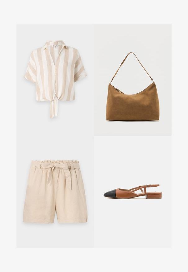Chemise à manches courtes beige et blanche à rayures avec un devant boutonné et un ourlet noué. Fabriquée en tissu léger, idéale pour les temps chauds.; Shorts en lin beige avec une taille élastique, un ourlet froncé et une ceinture à nouer amovible. Présente une coupe décontractée et un tissu lisse et texturé.; Steve Madden BELINDA - Ballerines à brides arrière - brown/black; Sac à bandoulière en daim marron avec une seule sangle et une fermeture éclair supérieure, présenté sur un fond blanc uni.