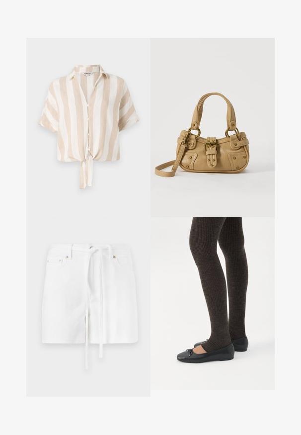 Beige og hvid stribet kortærmet skjorte med knaplukning foran og bundet kant. Fremstillet af let stof, der er egnet til varmt vejr.; Hvide denimshorts med snørre i taljen, der har to forlommer og en glat tekstur. Designet er enkelt og klassisk uden mønstre.; Ben iført mørke ribbede leggings kombineret med sorte balletsko med små sløjfedetaljer på hvid baggrund.; Beige læderhåndtaske med dobbelte håndtag, messing spænde og nitte detaljer samt en justerbar skulderrem mod en hvid baggrund.