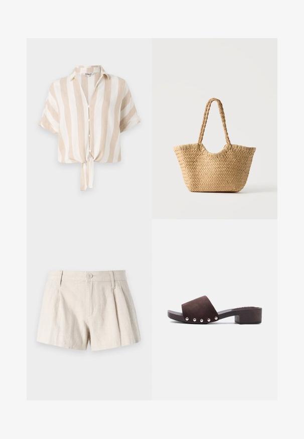 Camisa de manga corta a rayas beige y blanca con botón frontal y dobladillo atado. Fabricada con tejido ligero, apta para el clima cálido.; Pantalones cortos de lino en un color beige claro, con un diseño plisado, cierre frontal de botón y un acabado suave y texturizado.; Sandalia de diapositiva de ante abierto de color marrón oscuro con tacón bajo y bloque, con tachuelas plateadas a lo largo del lado de la amplia correa de ante.; Bolso tote de paja trenzada con base ancha, asas trenzadas y color beige natural sobre fondo blanco liso.