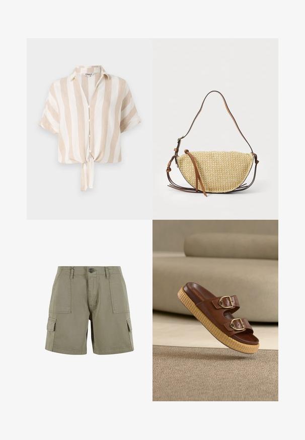 Beige og hvid stribet kortærmet skjorte med knaplukning foran og bundet kant. Fremstillet af let stof, der er egnet til varmt vejr.; Khaki cargo shorts lavet af letvægtsbomuld med to sidelommer, en front knaplukning og lige snit.; Brun lædersandal med to gyldne spænder og en tyk flet platformssål på beige tæppe og sofa baggrund.; Vævet stråtask med en halvmåneform, der har en brun læderrem og accenter. Textureret, naturlig farve med glatte kanter.