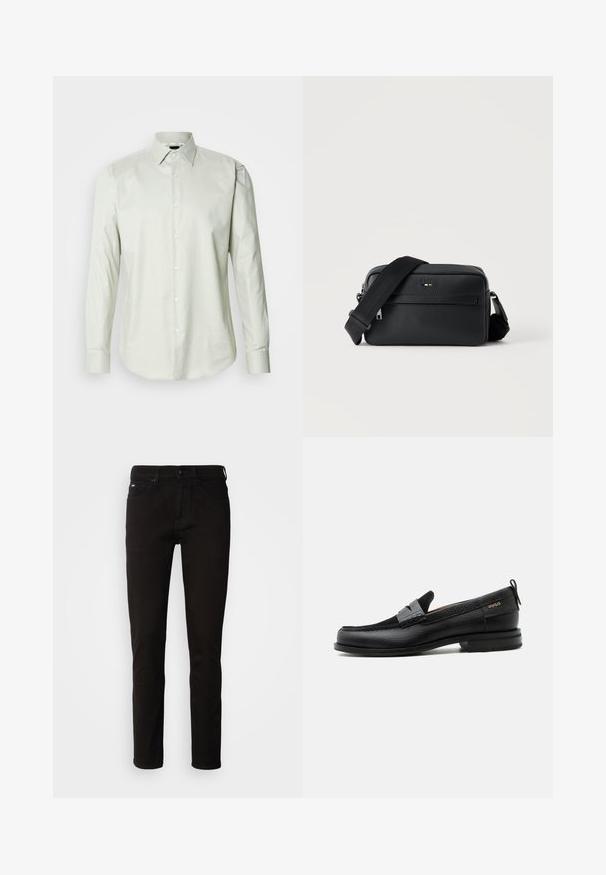 Chemise à manches longues vert clair, à boutons, avec un col structuré, texture unie et patte de boutonnage à l'avant avec des boutons blancs.; Jeans en denim noir avec une coupe droite, une fermeture éclair et un design à cinq poches. Le tissu a une texture lisse sans motifs visibles.; Mocassin en cuir noir avec détail de bride grise, talon bas et semelle texturée, marqué "HUGO" en or sur le côté.; Sac bandoulière en cuir noir texturé avec poche avant zippée et bandoulière large en tissu réglable sur fond blanc.