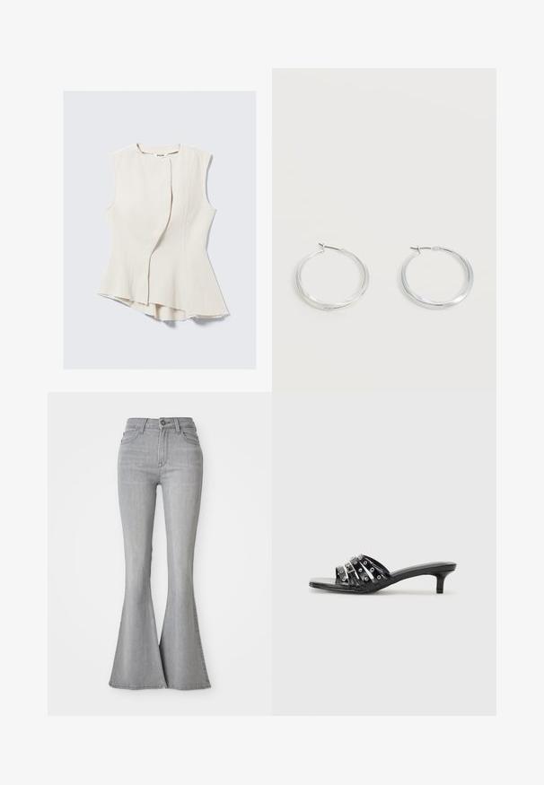 Haut asymétrique sans manches en tissu texturé beige clair, avec un devant croisé discret et un ourlet effiloché. Étiquette marquée "WEEKDAY".; Jean en denim gris clair taille haute avec des jambes évasées, bouton frontal, fermeture éclair, et poches avant et arrière.; Sandales à talons noires avec plusieurs brides brillantes et des accents métalliques, présentant un bout pointu et des talons kitten discrets. Texture lisse.; Boucles d’oreilles créoles en métal argenté avec une surface lisse légèrement incurvée et des fermoirs à clapet sur un fond blanc uni.