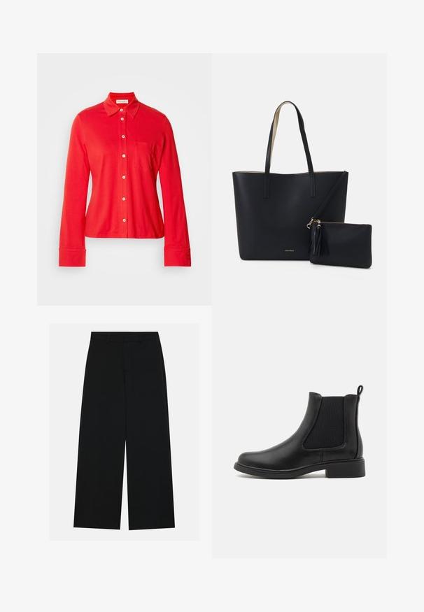 Rode blouse met lange mouwen, gemaakt van rekbaar materiaal, met een kraag, een enkele borstzak en witte knopen aan de voorkant en bij de manchetten.; Zwart, wijde broek van een gladde stof. Heeft een plat tailleband met riemlussen en geen zichtbare zakken. Eenvoudig ontwerp.; Zwarte leren Chelsea-boot met elastische zijpanelen, ronde neus en een lage blokhak. Glad textuur en minimalistisch ontwerp.; Zwarte totebag van gestructureerd materiaal, met twee lange handvatten en een afneembare tas met rits voorzien van een franjesdetail. Gouden merklogo zichtbaar.