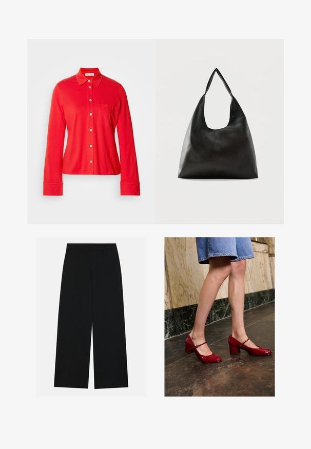 Chemise rouge à manches longues avec boutons, fabriquée en tissu extensible, dotée d'un col, d'une poche poitrine unique et de boutons blancs sur le devant et les poignets.; Pantalons noirs à jambe large en tissu lisse. Dotés d'une taille plate avec passants de ceinture et sans poches visibles. Design simple.; Personne portant des escarpins blocs rouges brillants et une jupe en denim bleu, se tenant sur un sol carrelé sombre près d'un mur en marbre.; Sac bandoulière en cuir noir lisse avec une large sangle unique et un design décontracté et minimaliste sur un fond uni.