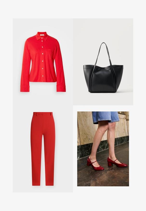 Camisa de manga larga roja, con botones, hecha de tejido elástico. Tiene un cuello, un bolsillo en el pecho y botones blancos en el frente y en los puños.; Pantalones de sastre rojos con una textura suave, corte recto, trabillas para cinturón y bolsillos delanteros. Presentan un diseño limpio y minimalista.; Persona con zapatos de charol rojos brillantes tipo Mary Jane y falda de mezclilla azul de pie sobre un suelo de baldosas oscuras cerca de una pared de mármol.; Bolso tote de cuero negro con dos asas largas y un borde superior ligeramente curvado, mostrado sobre un fondo claro y liso.