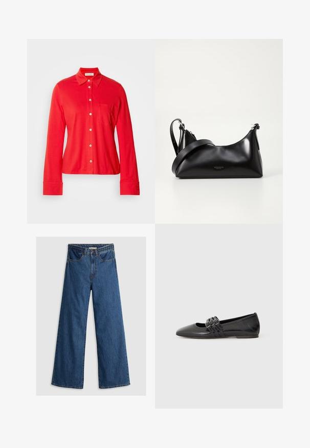 Chemise rouge à manches longues avec boutons, fabriquée en tissu extensible, dotée d'un col, d'une poche poitrine unique et de boutons blancs sur le devant et les poignets.; Jeans en denim bleu à jambes larges avec une taille haute, présentant un design classique à cinq poches et une ceinture texturée.; Chaussure plate noire à bout pointu, fabriquée en cuir lisse. Présente trois brides décoratives avec boucles sur le cou-de-pied.; Sac à main en cuir noir avec une texture lisse. Dispose d'une bandoulière adjustable et d'un design élégant et minimaliste avec une fermeture éclair.