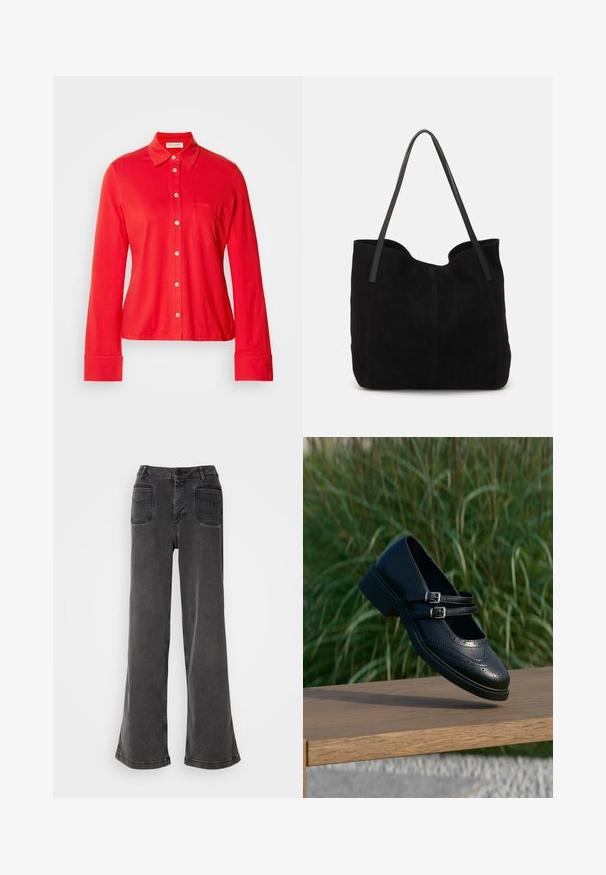Camisa de manga larga roja, con botones, hecha de tejido elástico. Tiene un cuello, un bolsillo en el pecho y botones blancos en el frente y en los puños.; Jeans negros de tiro alto y pierna ancha, hechos de denim, con cierre de botones, presillas para cinturón y dos bolsillos traseros con detalles de costura.; Zapato Mary Jane negro de cuero con dobles correas con hebillas y detalles brogue, flotando sobre un banco de madera con fondo de césped verde.; Bolso de mano de ante negro con dos correas de cuero largas y planas. Presenta un borde superior curvado y costuras visibles en la parte frontal. Sin acentos de metal.