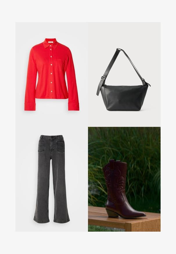 Rød langærmet skjorte med knapper lavet af strækstof, med krave, en enkelt brystlomme og hvide knapper foran og ved manchetterne.; Høj talje, brede ben sorte jeans lavet af denim, med knaplukning, bæltestropper og to baglommer med syninger.; Mørkebrune læder cowboystøvler med broderede mønstre, lavt skråt hæl og trækflapper, placeret på en træ bænk med grønne planter i baggrunden.; Sort læder skuldertaske med bred justerbar rem og sølvspænde, vist mod en ensfarvet lys baggrund.