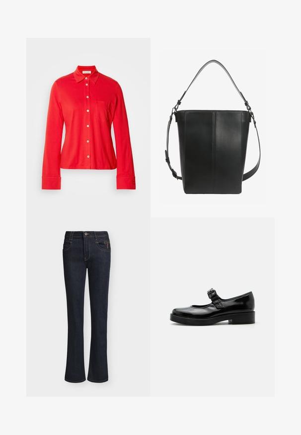 Rode blouse met lange mouwen, gemaakt van rekbaar materiaal, met een kraag, een enkele borstzak en witte knopen aan de voorkant en bij de manchetten.; Donkerblauwe denim jeans met licht uitlopende pijpen, vooraan knoop- en ritsluiting, voorzakken en zichtbare stikseldetails.; Zwarte lakleren Mary Jane-schoen met een ronde neus, lage blokhak en een verstelbare gespsluiting over de wreef.; Zwarte leren bucketbag met twee verstelbare schouderbanden en minimale stiksel details op een effen achtergrond.