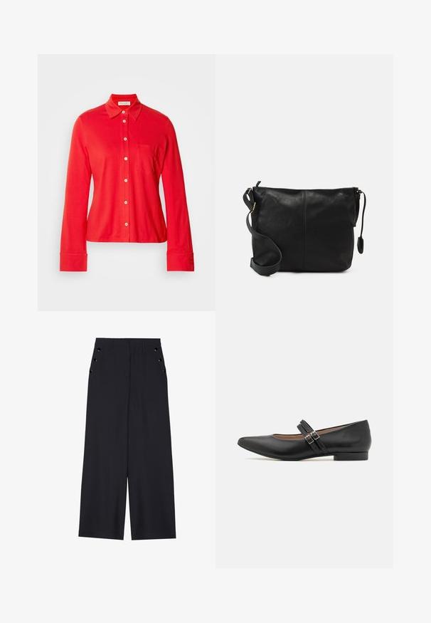 Camisa de manga larga roja, con botones, hecha de tejido elástico. Tiene un cuello, un bolsillo en el pecho y botones blancos en el frente y en los puños.; Pantalones de pierna ancha en tejido azul marino oscuro, con una textura suave, pliegues delanteros y ojales decorativos en tono dorado en los bolsillos laterales.; Zapato negro de cuero estilo Mary Jane con punta afilada, dos hebillas de correa, tacón bajo y textura suave. Diseñado para una apariencia formal.; Bolso cruzado de cuero negro con forma plana, acentos de hardware dorado y correa ajustable. Textura suave con detalles de costura mínimos.