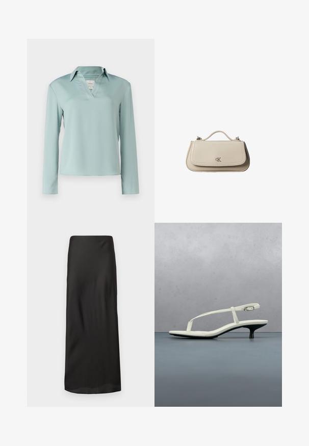 Calvin Klein Bluse - abyss; Schwarzer Maxirock aus glattem, leichtem Stoff. Verfügt über eine gerade Silhouette mit einem elastischen Bund und ohne sichtbare Muster oder Verzierungen.; Weiße Riemchenpantolette mit kitten heel und spitz zulaufender Zehenpartie, schwebt über einem Holzkachelboden im Freien mit verschwommenem Pflanzen- und Wandhintergrund.; Kleine beigefarbene Lederhandtasche mit oberem Griff und silbernem CK-Logo auf der Frontklappe, vor weißem Hintergrund dargestellt.