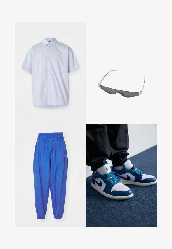 Vaaleansininen lyhythihainen paita, joka on valmistettu sileästä kankaasta, ja siinä on nappilista sekä pieni valkoinen Nike-logo rinnassa.; Siniset urheiluhousut, jotka on valmistettu kevyestä kankaasta. Housuissa on joustava vyötärö, lahkeet käännetty ja valkoiset sivuraidat.; Nike Air Jordan tennarit ovat valkoiset nahkapohjaiset, joissa on siniset synteettiset yksityiskohdat, rei'itetty varvasosa ja siniset nauhat.; Hoikat, suorakaiteen muotoiset tummennetut aurinkolasit, joissa on kirkkaat muovinivelet ja ohuet, beigehtävät, taivutetut sankakulmat.